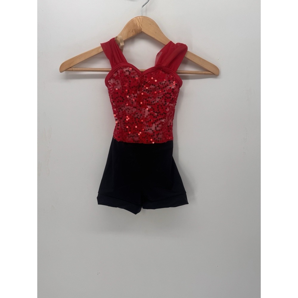 "Weissman Dance Costume Biketard Red Sequin Lace Black Shorts Girls Size XSC